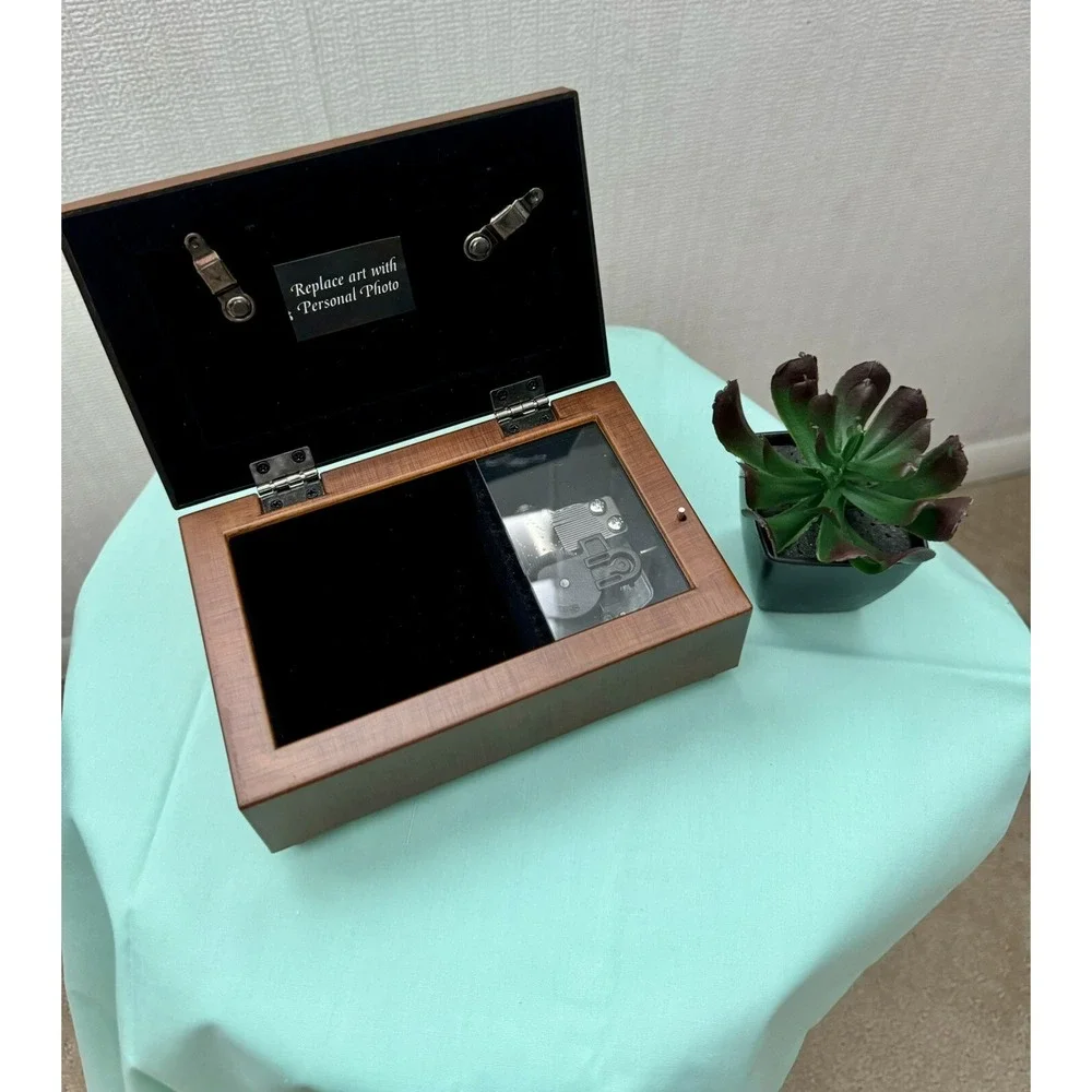 COTTAGE GARDEN Woodgrain w/Gold Trim Musical Jewelry Photo Display Box-NEW